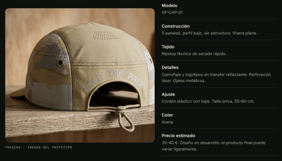 Botiga de Squadpace: foto de la gorra i fitxa tècnica